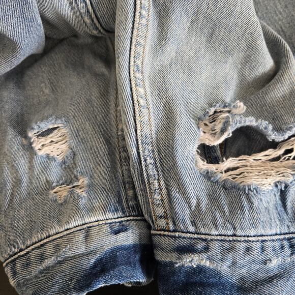 Free People Grunge Distressed Cropped Denim Trucker Jacket Raw Hem Women Largeg - Picture 9 of 13